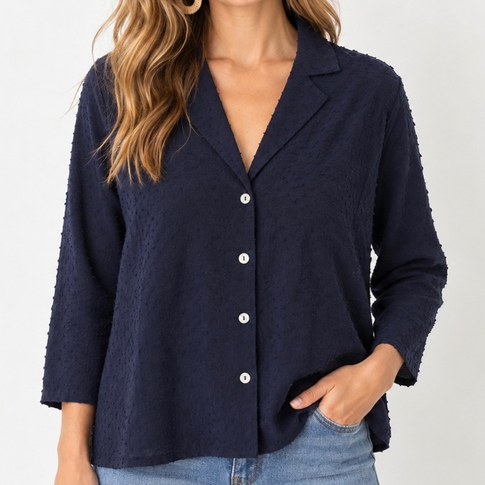 Pomander Place x Tuckernuck Navy Swiss Dot Cotton Peplum Top Blouse Large Y20905